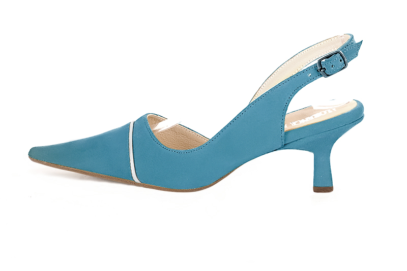 Peacock blue and light silver women's slingback shoes. Pointed toe. Medium spool heels. Profile view - Florence KOOIJMAN